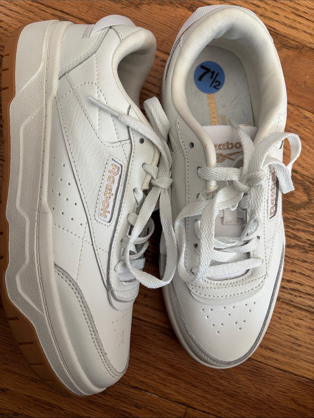 Reebok White Leather Sneakers with Comfort foot bed Sole and Gold Accents